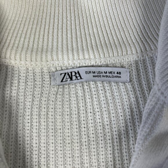 Zara Sweater Mens Medium White Ribbed Quarter Zip Pullover Cotton Knit Bulgaria - Picture 2 of 12